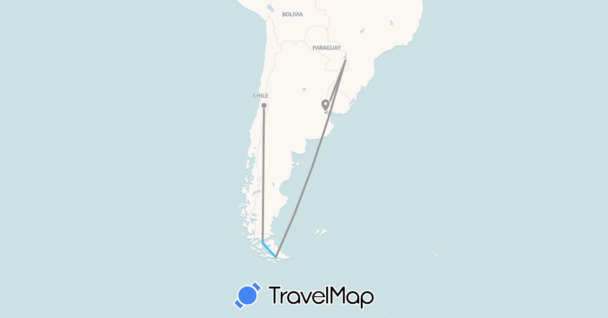 TravelMap itinerary: driving, plane, boat in Argentina, Chile (South America)